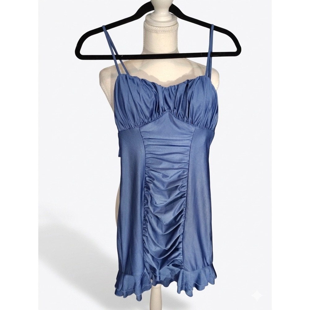 City Studios Women Blue Ruched Ruffle Hem Tie Back Mini Dress NWT Size M